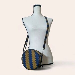 Authentic Handcrafted Nepalese Dhaka Handcrafted Round Crossbody Bag Blue Gold